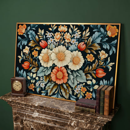 Vibrant Floral Bouquet Canvas Print in antique gold floating frame