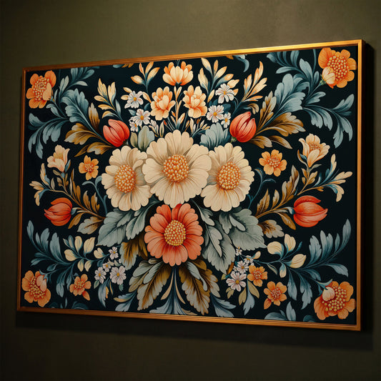 Vibrant Floral Bouquet Canvas Print shown in antique gold floating frame