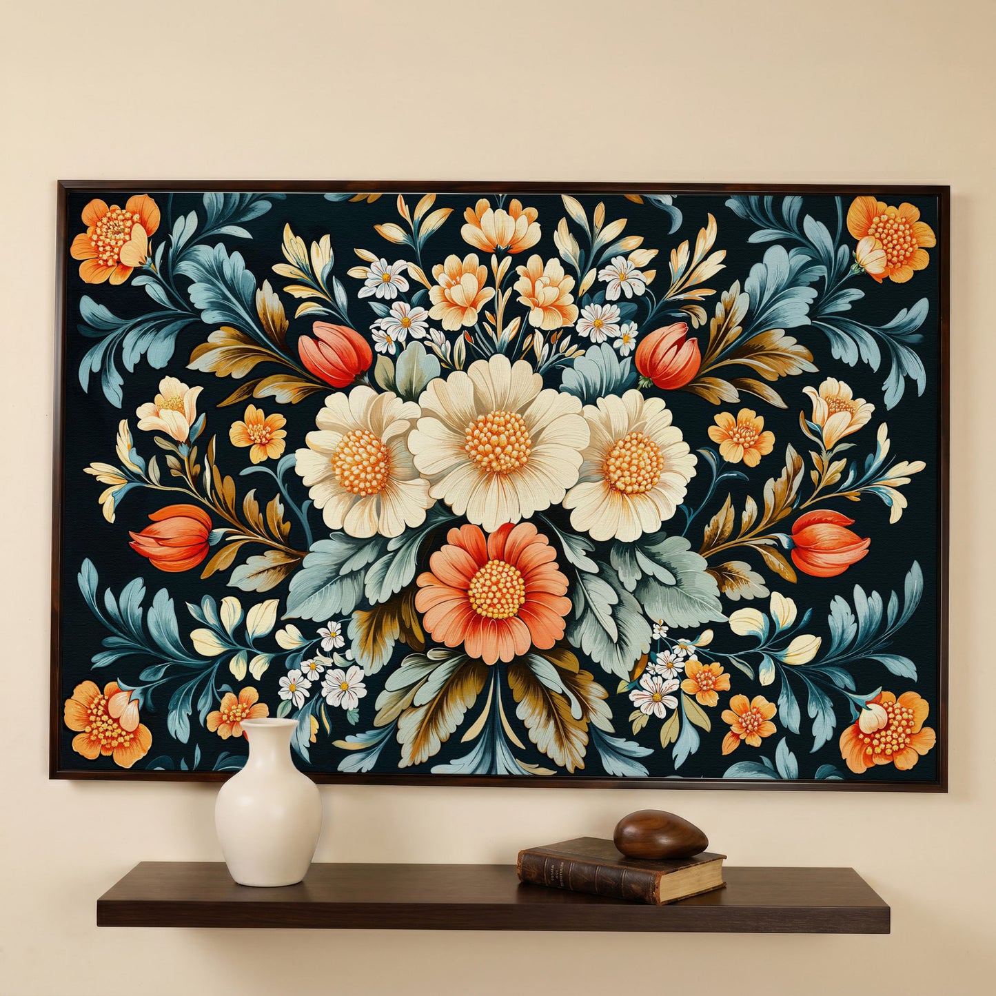 Vibrant Floral Bouquet Canvas Print in dark walnut floating frame