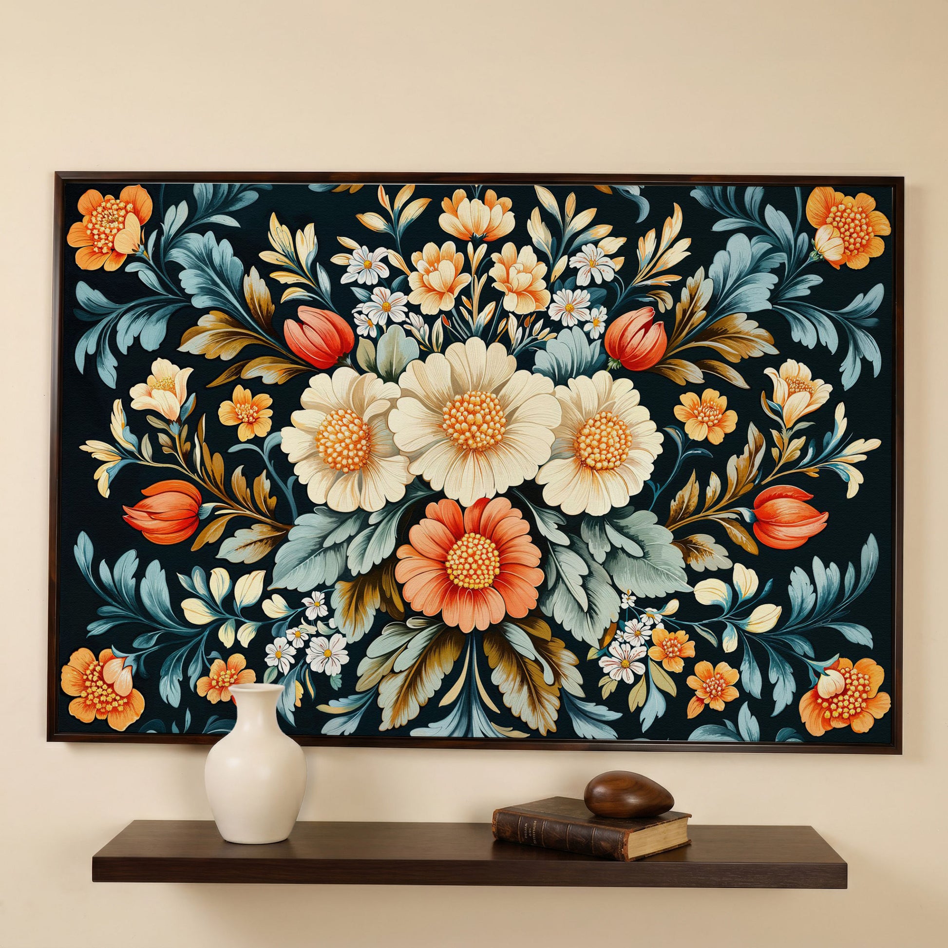 Vibrant Floral Bouquet Canvas Print in dark walnut floating frame