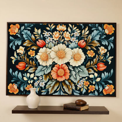 Vibrant Floral Bouquet Canvas Print in dark walnut floating frame