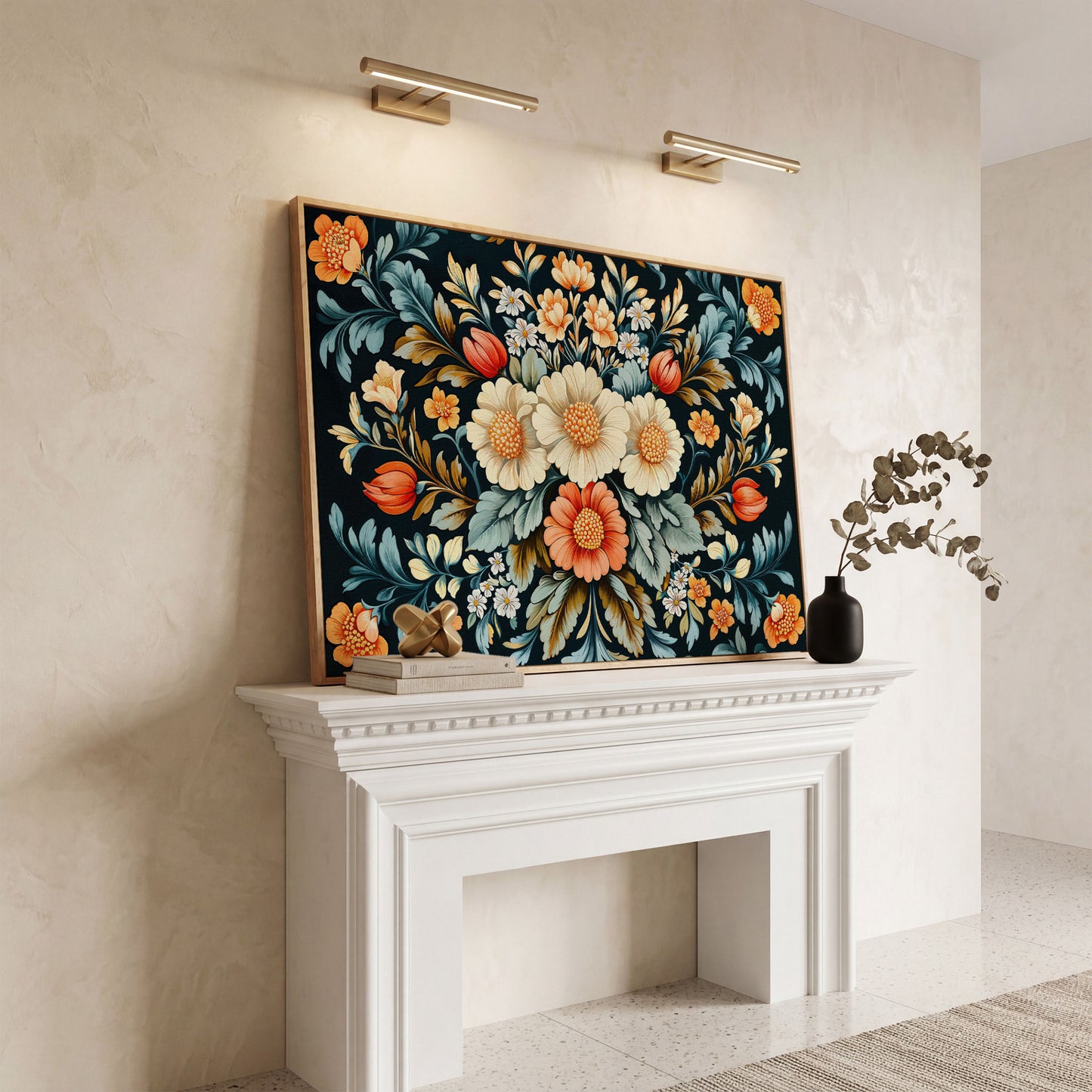 Vibrant Floral Bouquet Canvas Print in white oak floating frame