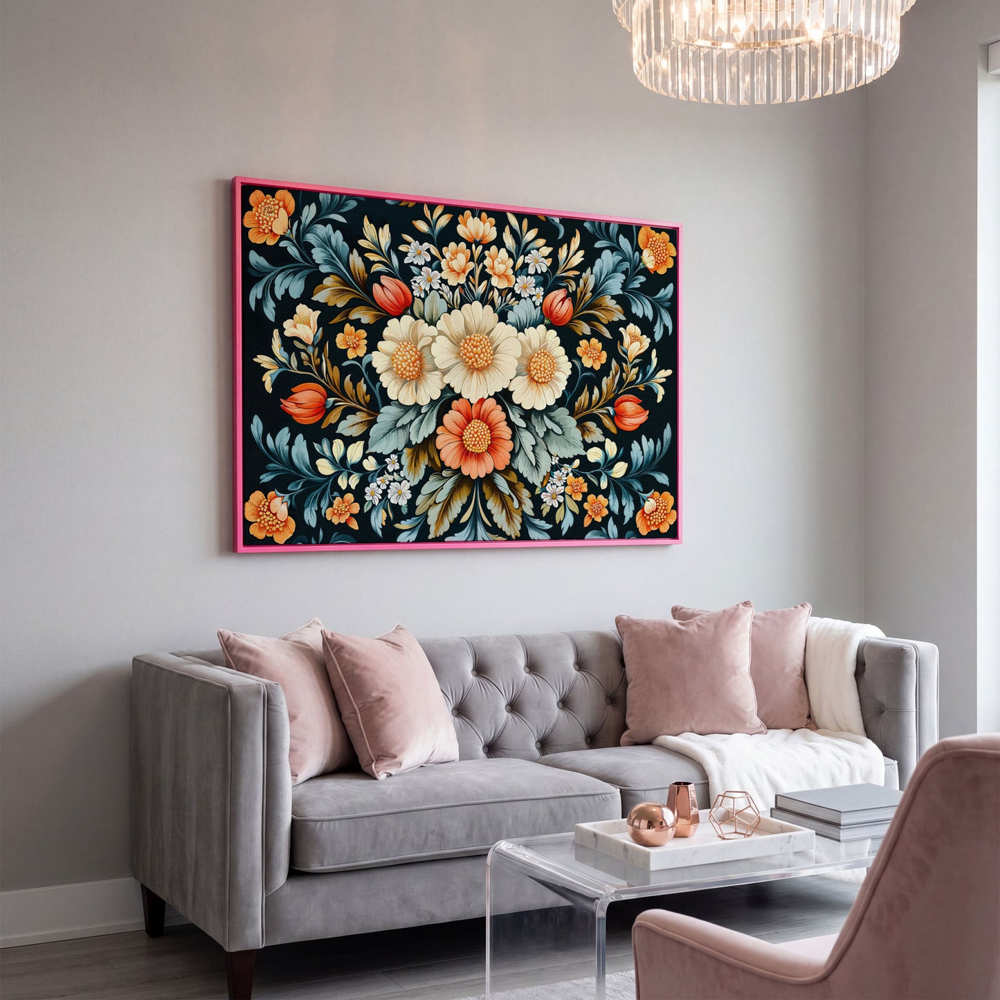 Vibrant Floral Bouquet Canvas Print in pink floating frame