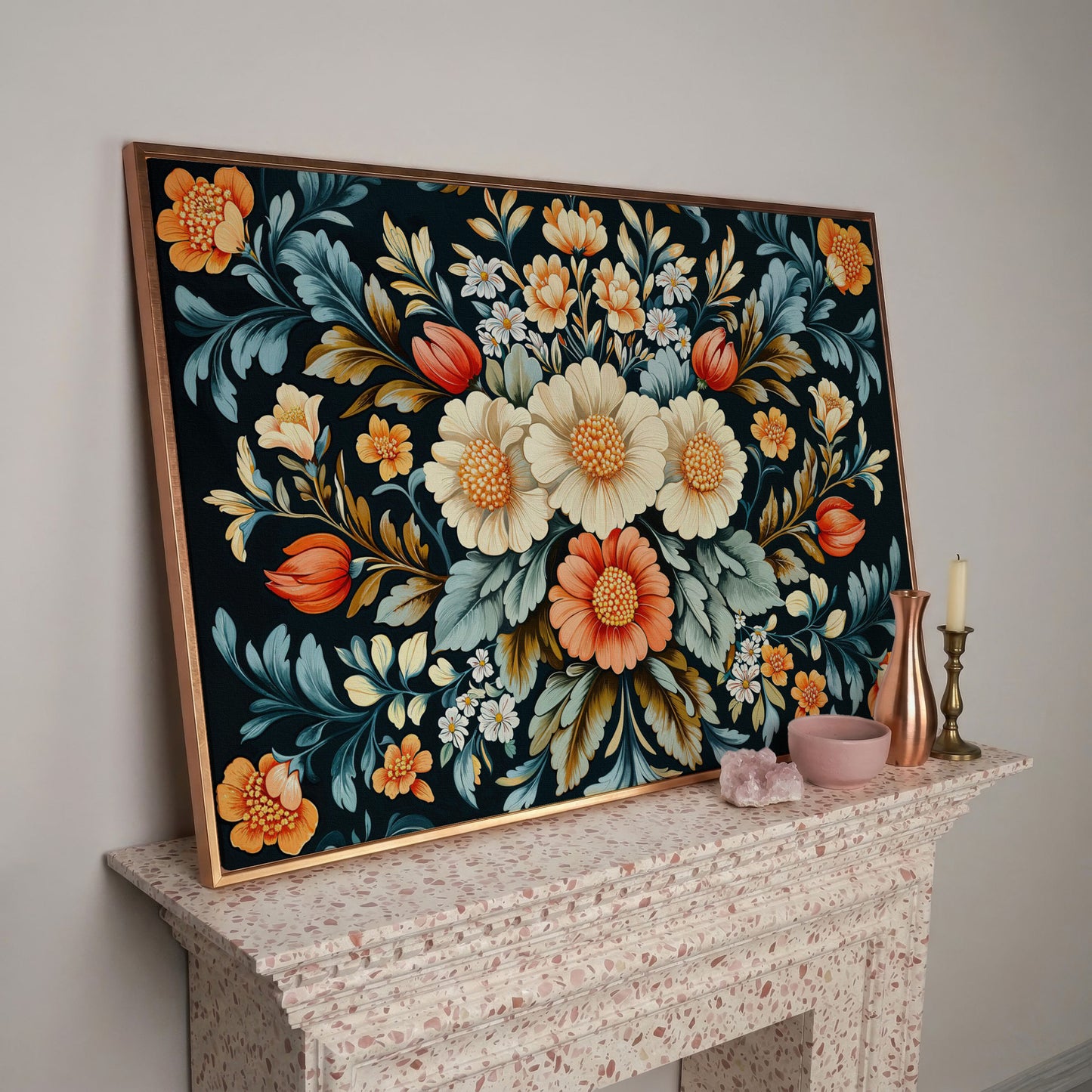 Vibrant Floral Bouquet Canvas Print in rose gold floating frame