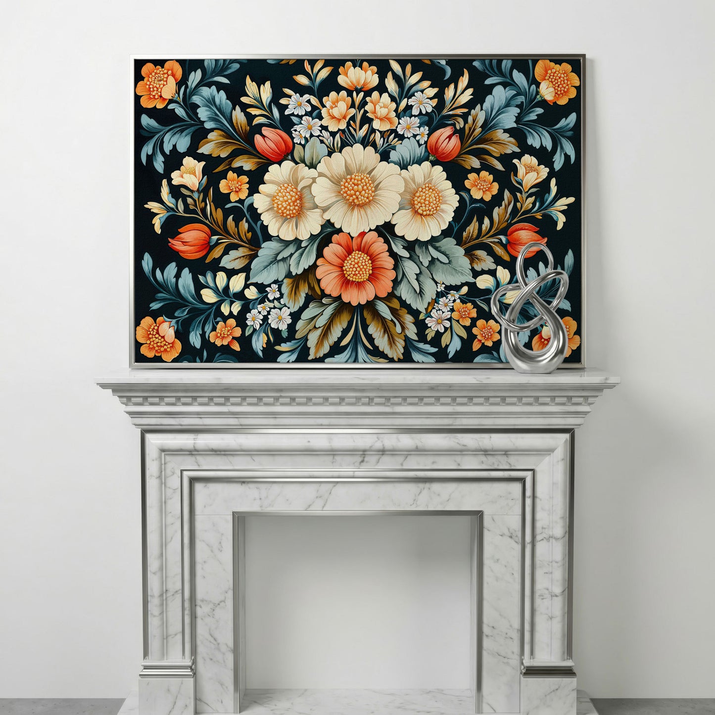 Vibrant Floral Bouquet Canvas Print in silver floating frame