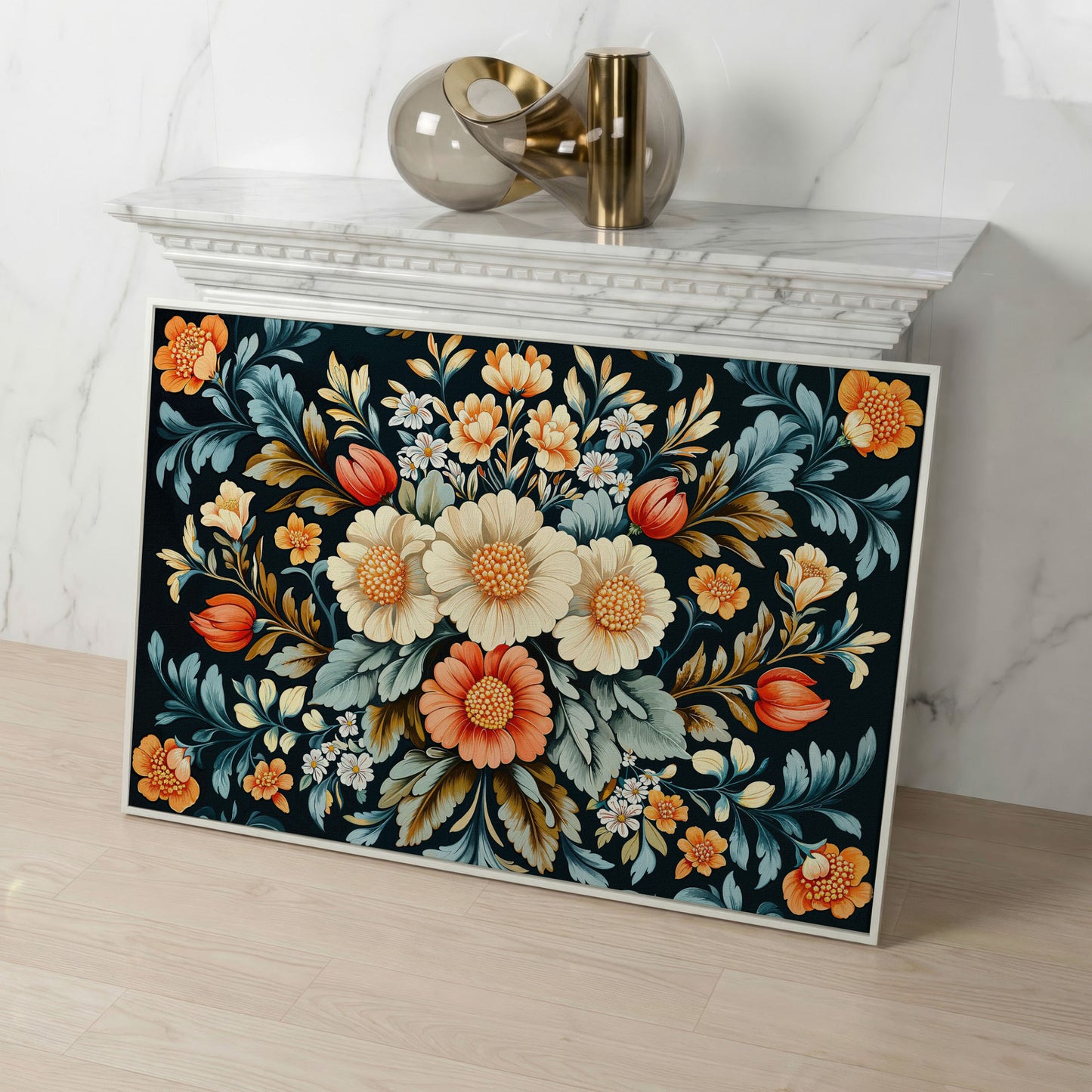 Vibrant Floral Bouquet Canvas Print in white floating frame