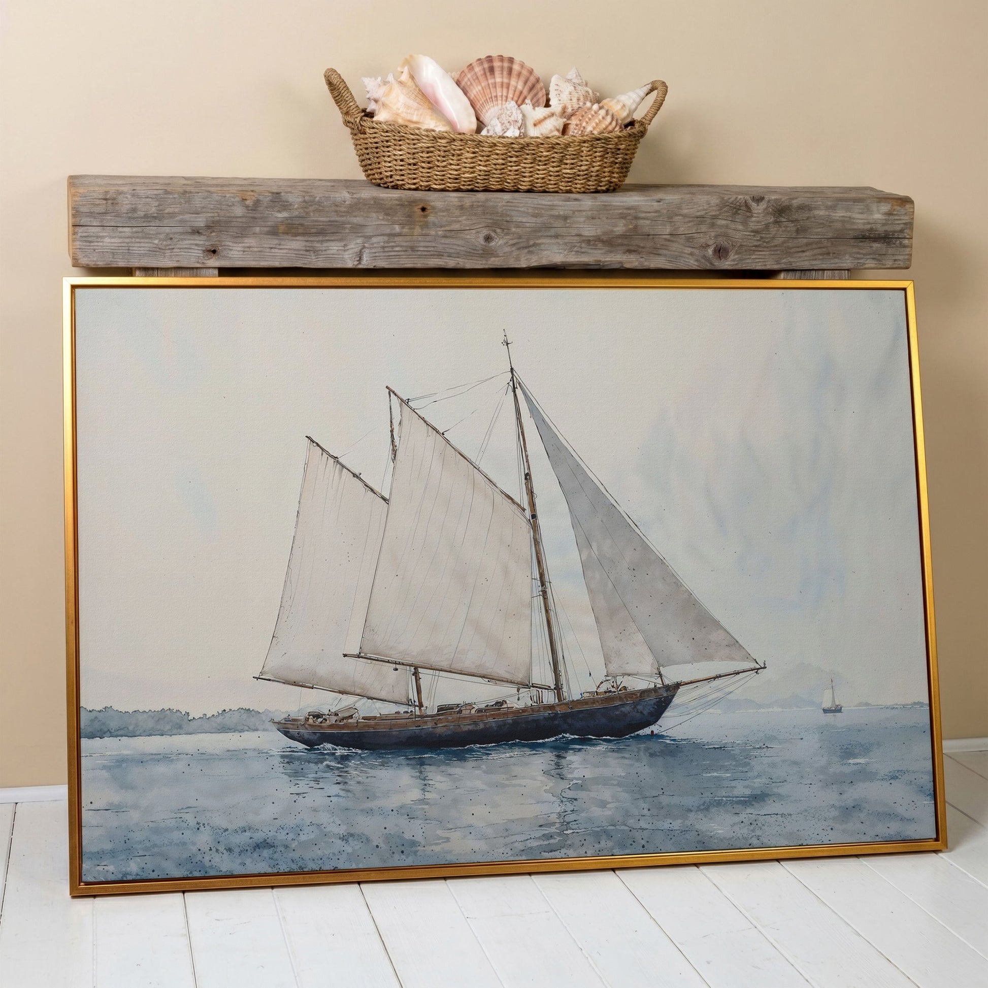 Sailing Ship at Sea Canvas Wall Art in antique gold floating frame