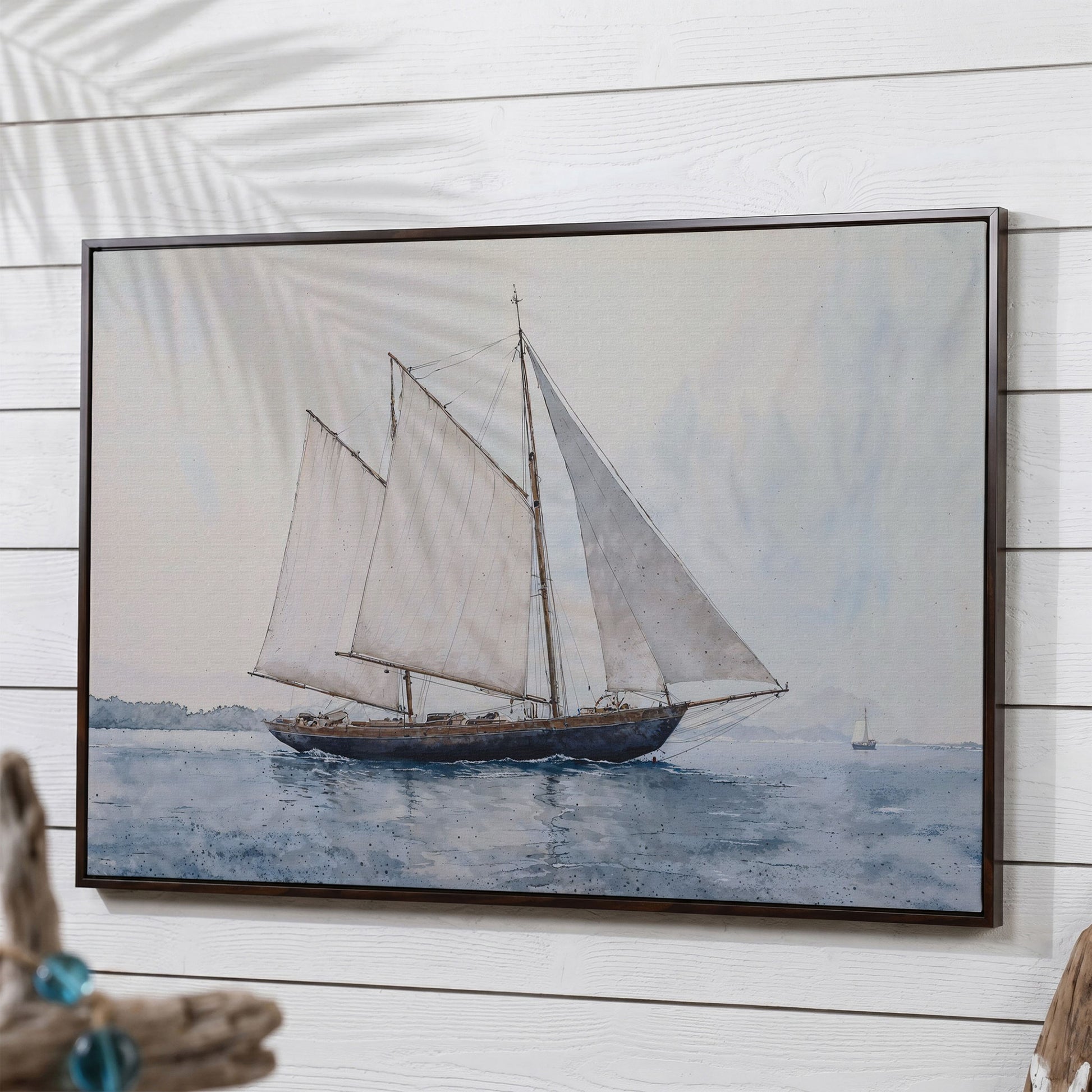 Sailing Ship at Sea Canvas Wall Art in dark walnut floating frame