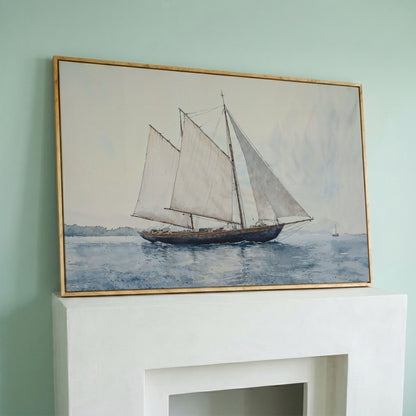 Sailing Ship at Sea Canvas Wall Art in white oak floating frame