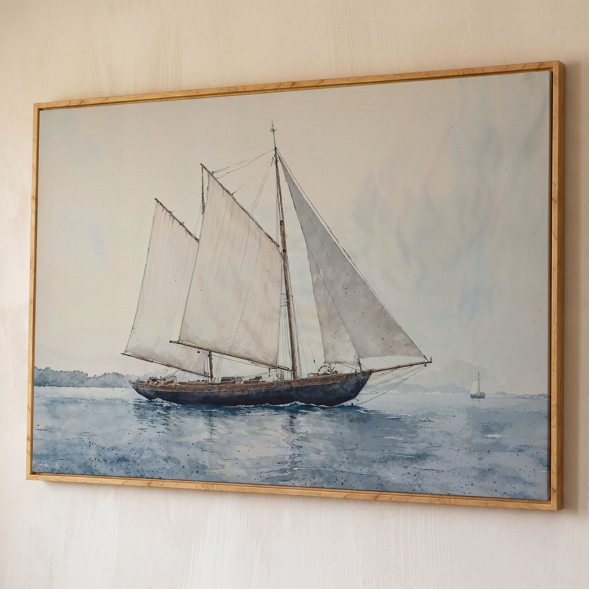 Sailing Ship at Sea Canvas Wall Art shown in white oak floating frame