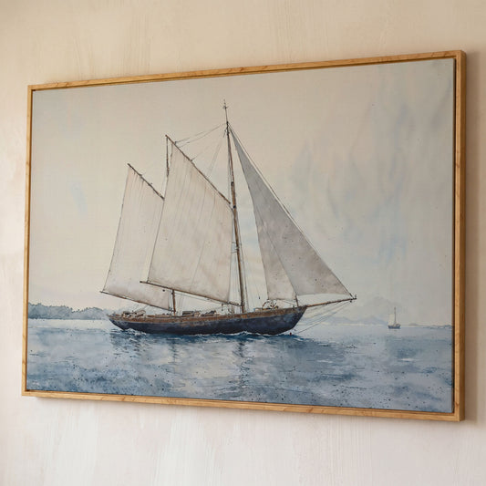 Sailing Ship at Sea Canvas Wall Art shown in white oak floating frame