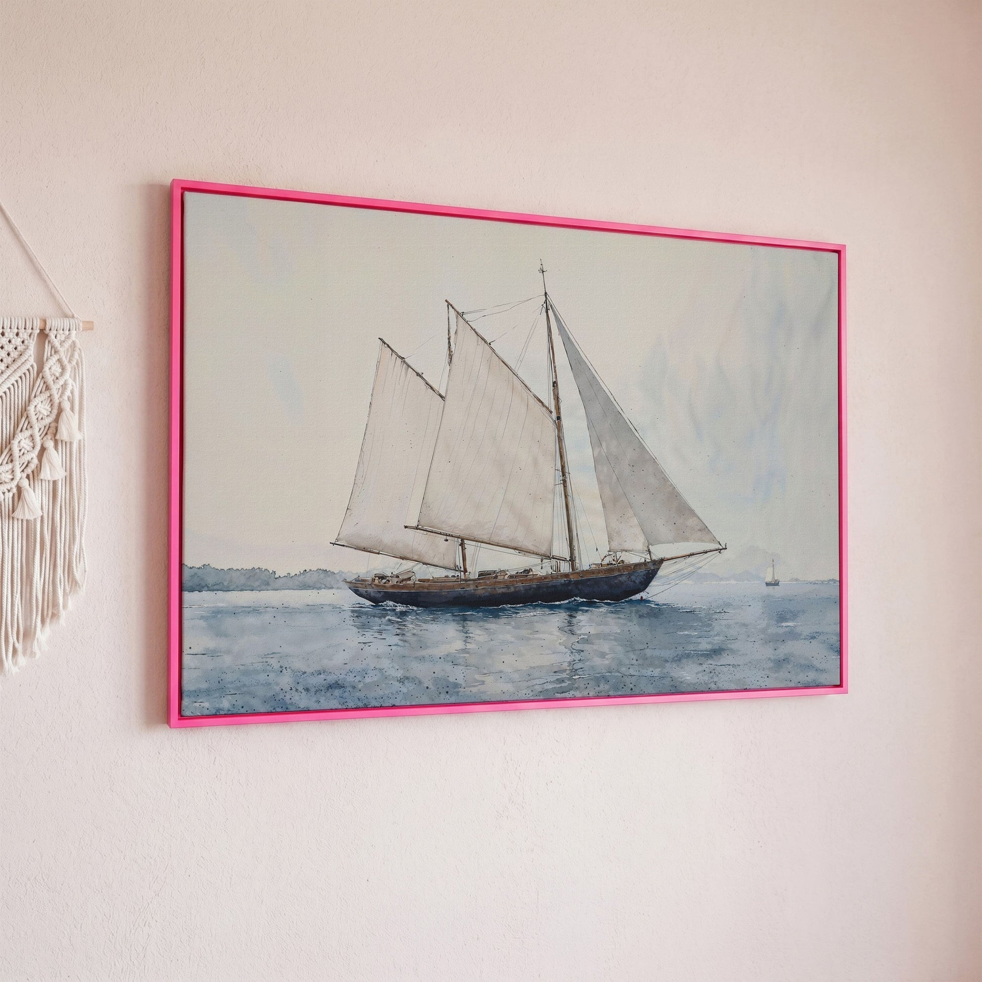 Sailing Ship at Sea Canvas Wall Art in pink floating frame