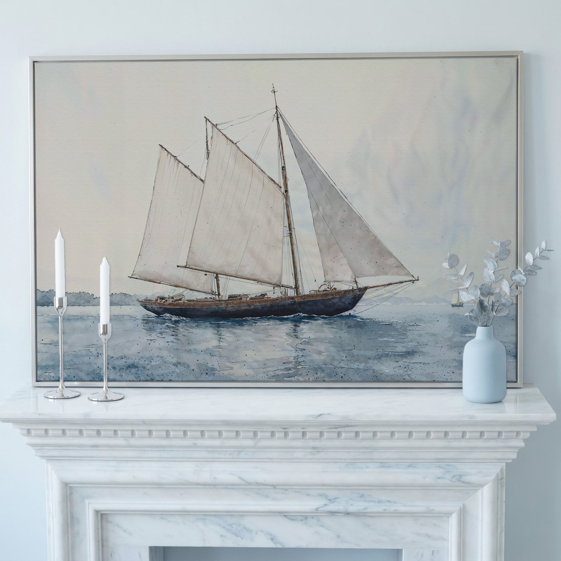 Sailing Ship at Sea Canvas Wall Art in silver floating frame