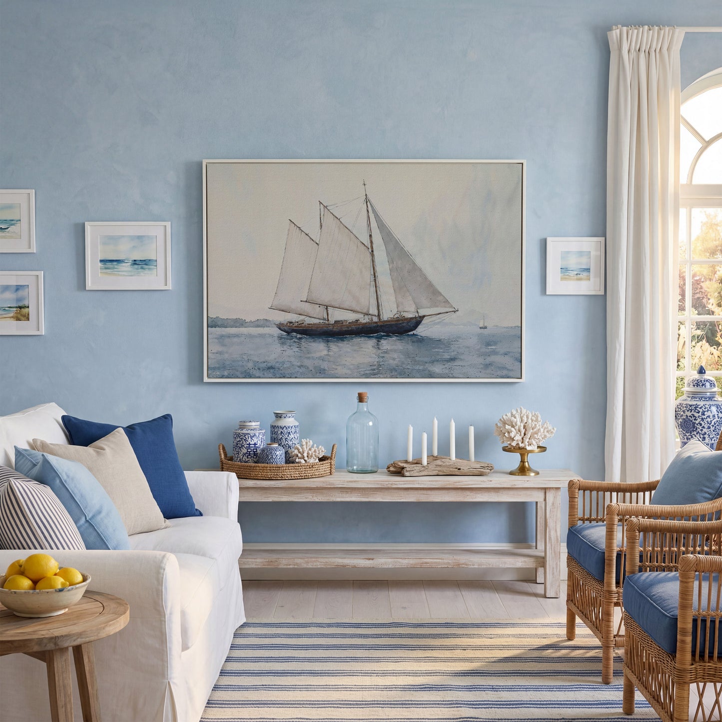 Sailing Ship at Sea Canvas Wall Art in white floating frame