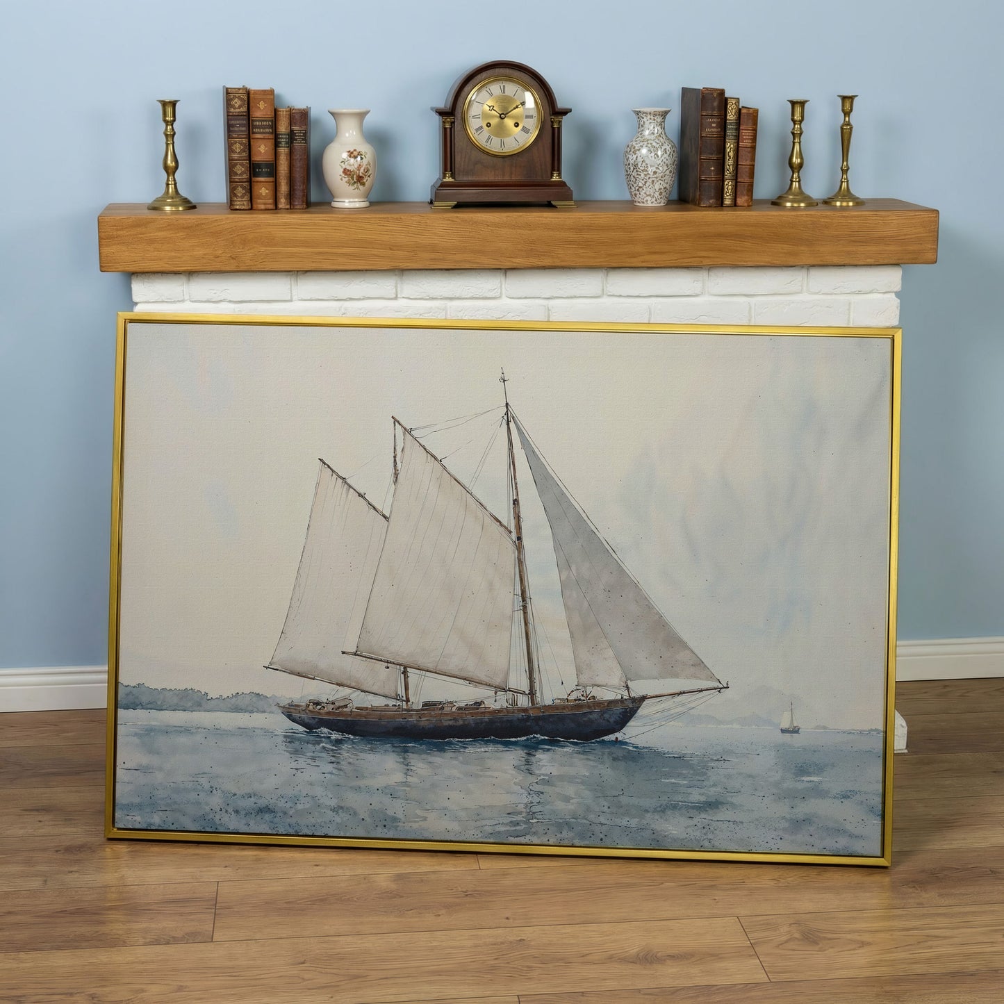 Sailing Ship at Sea Canvas Wall Art in yellow gold floating frame