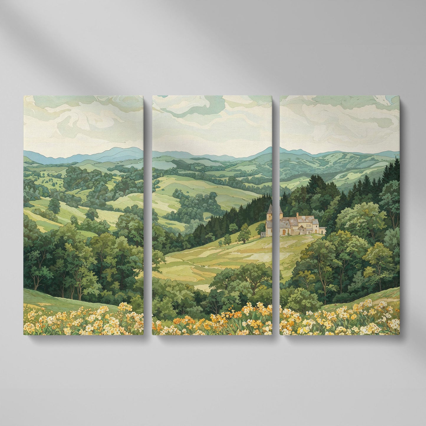 Serene Mountain Landscape with Castle Canvas as 3-panel split version