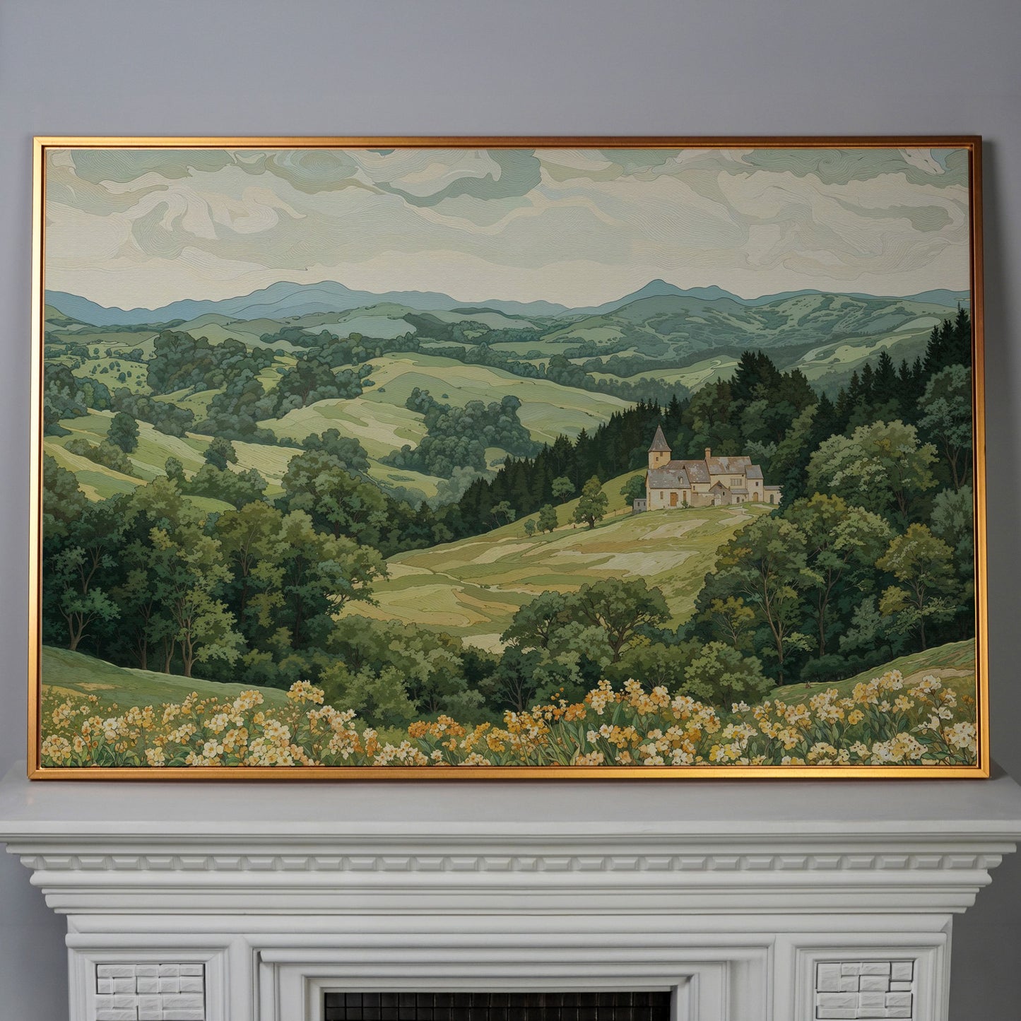 Serene Mountain Landscape with Castle Canvas in antique gold floating frame