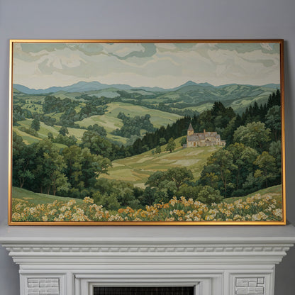 Serene Mountain Landscape with Castle Canvas in antique gold floating frame