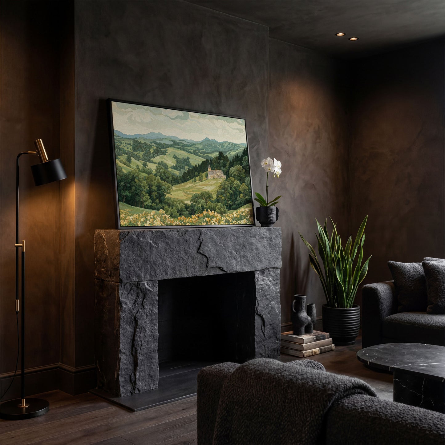 Serene Mountain Landscape with Castle Canvas in black floating frame