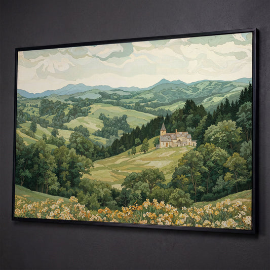 Serene Mountain Landscape with Castle Canvas shown in black floating frame