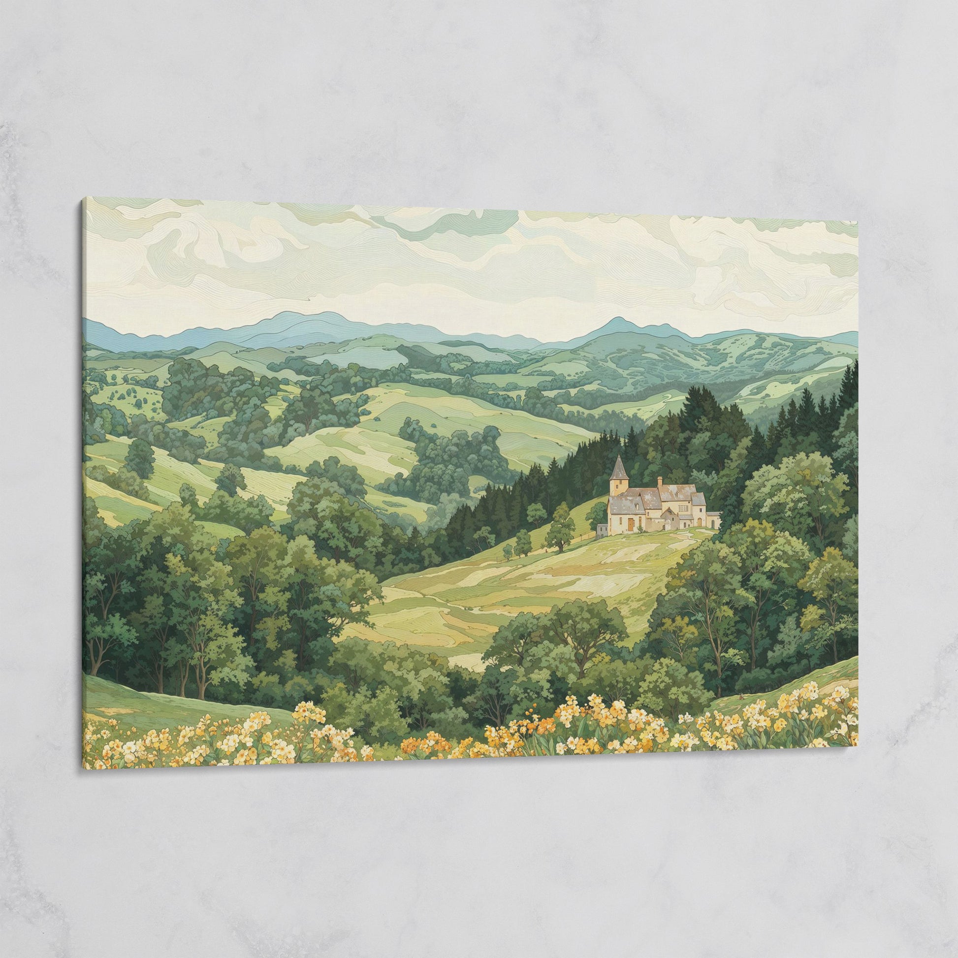 Serene Mountain Landscape with Castle Canvas on gallery wrap