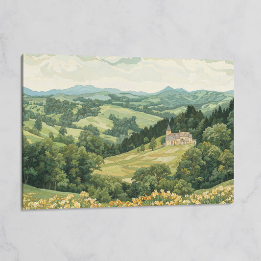 Serene Mountain Landscape with Castle Canvas on gallery wrap
