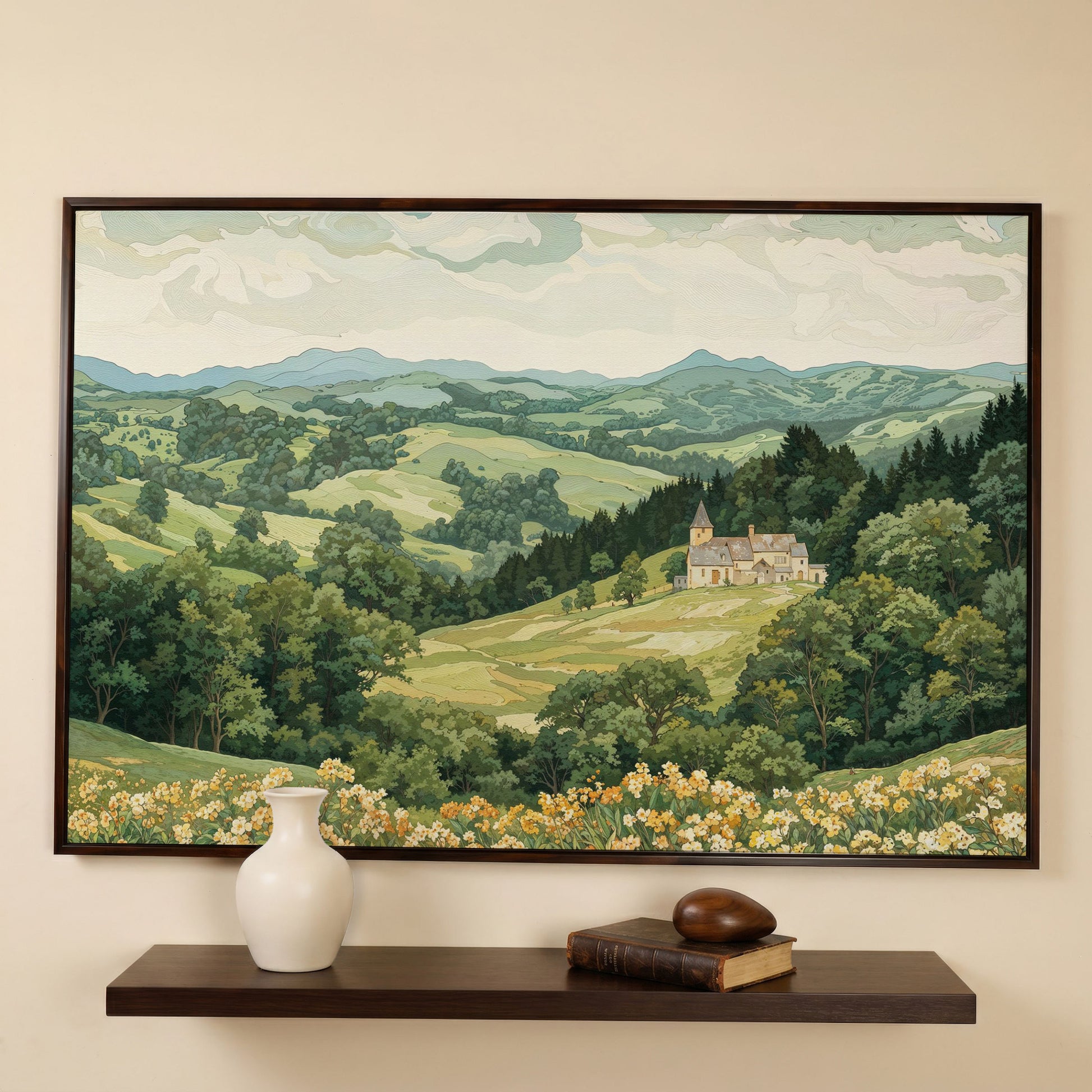 Serene Mountain Landscape with Castle Canvas in dark walnut floating frame