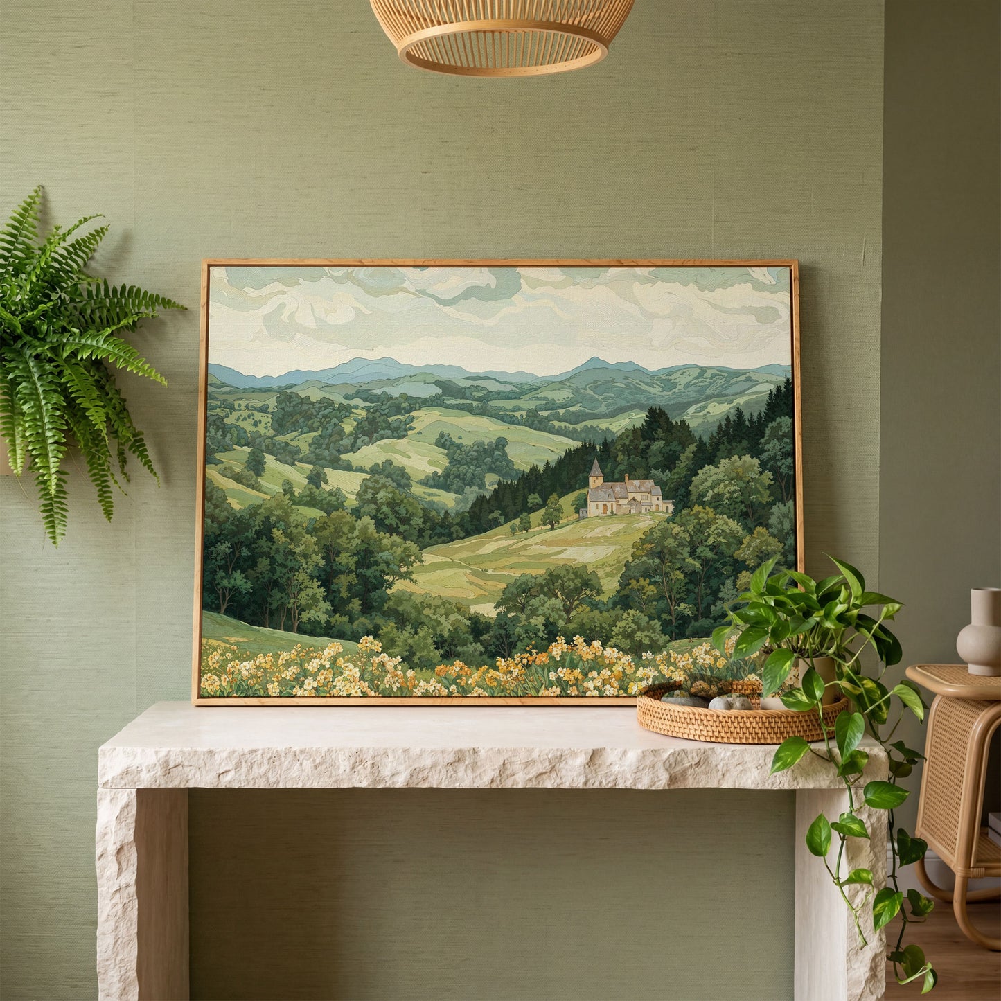 Serene Mountain Landscape with Castle Canvas in white oak floating frame