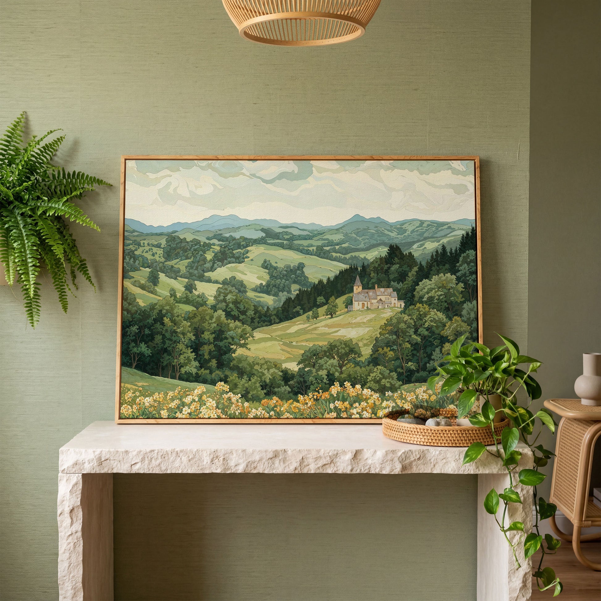 Serene Mountain Landscape with Castle Canvas in white oak floating frame