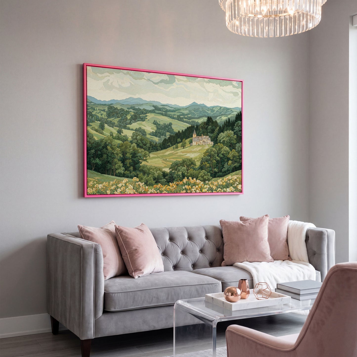 Serene Mountain Landscape with Castle Canvas in pink floating frame