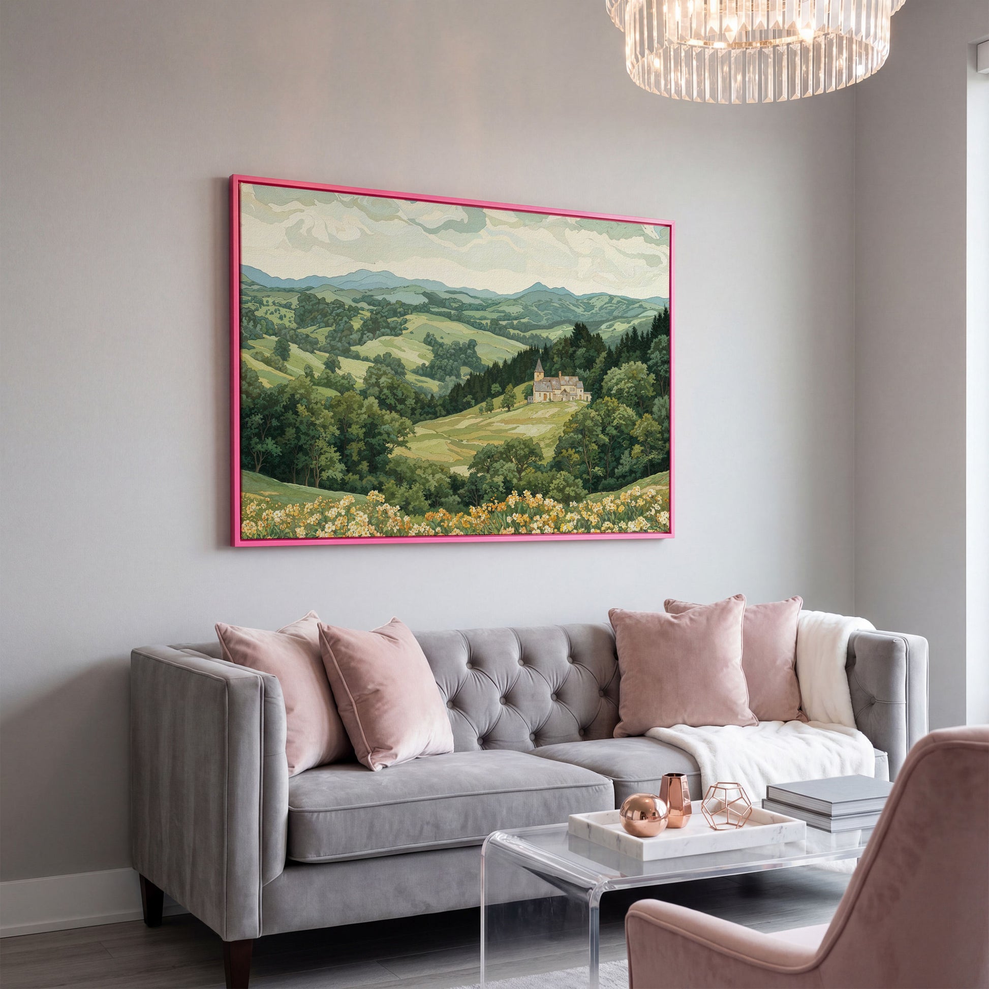 Serene Mountain Landscape with Castle Canvas in pink floating frame