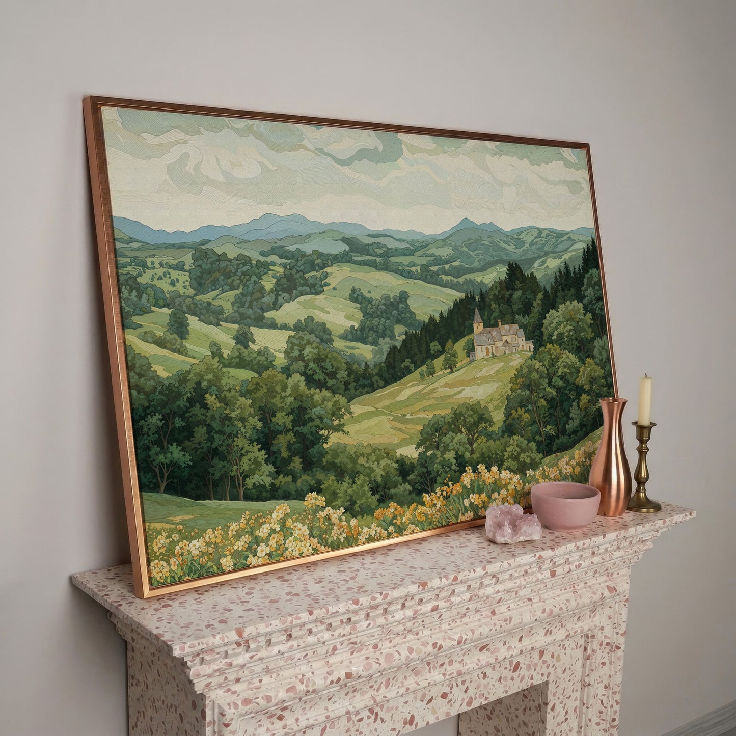 Serene Mountain Landscape with Castle Canvas in rose gold floating frame