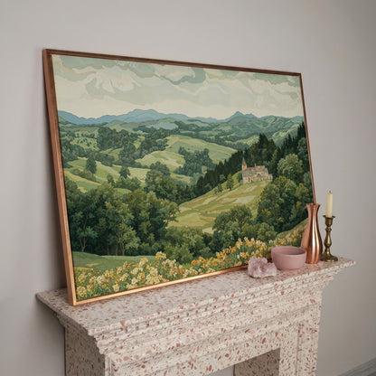 Serene Mountain Landscape with Castle Canvas in rose gold floating frame