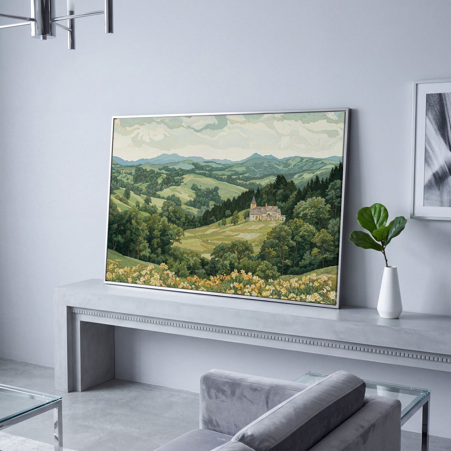 Serene Mountain Landscape with Castle Canvas in silver floating frame