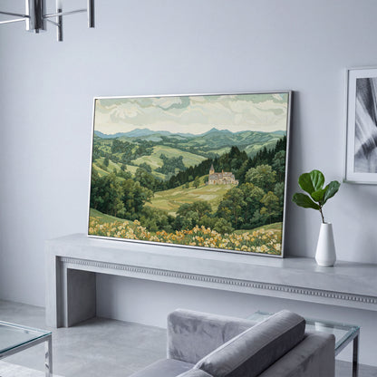Serene Mountain Landscape with Castle Canvas in silver floating frame