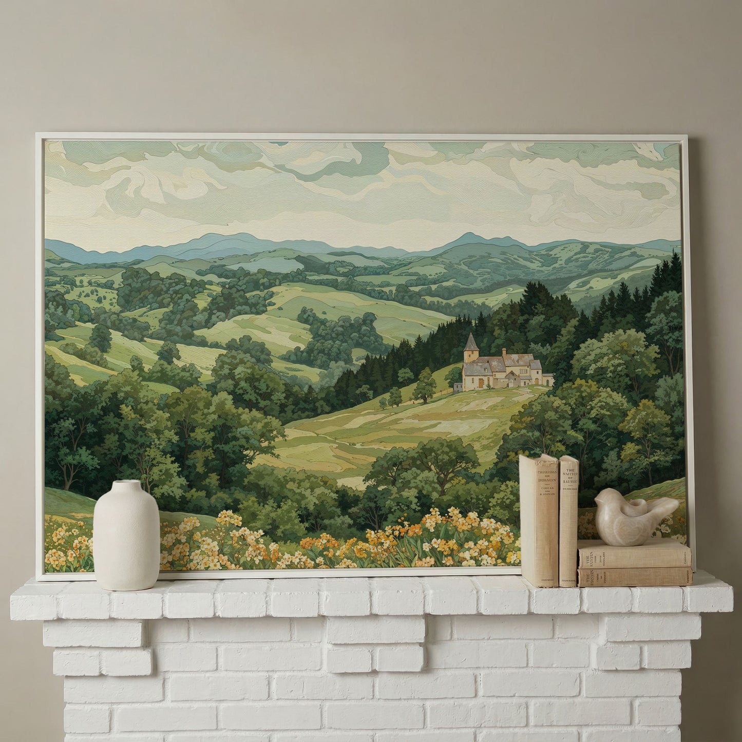 Serene Mountain Landscape with Castle Canvas in white floating frame