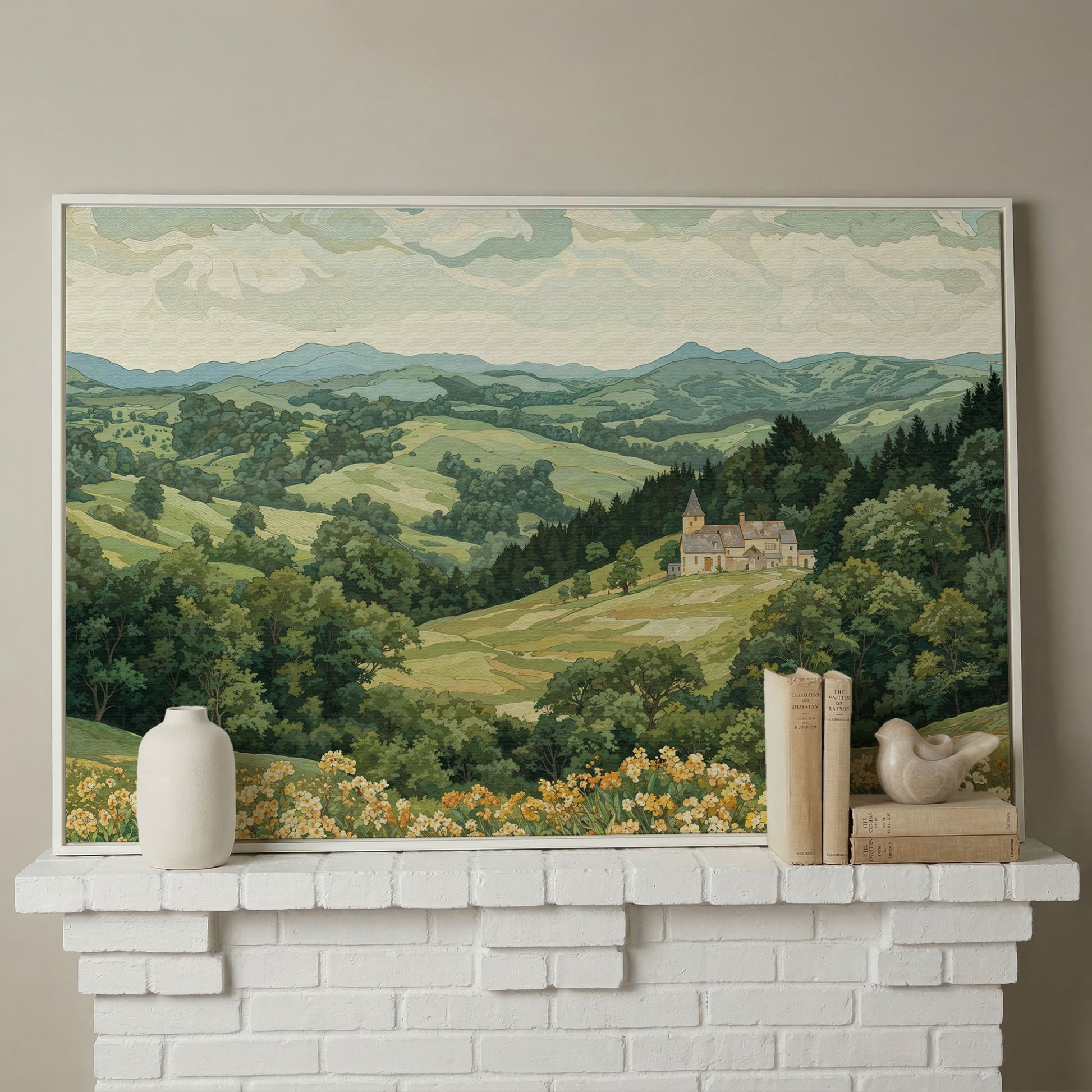 Serene Mountain Landscape with Castle Canvas in white floating frame