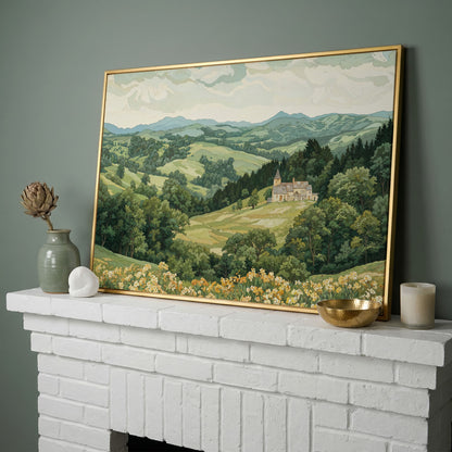 Serene Mountain Landscape with Castle Canvas in yellow gold floating frame