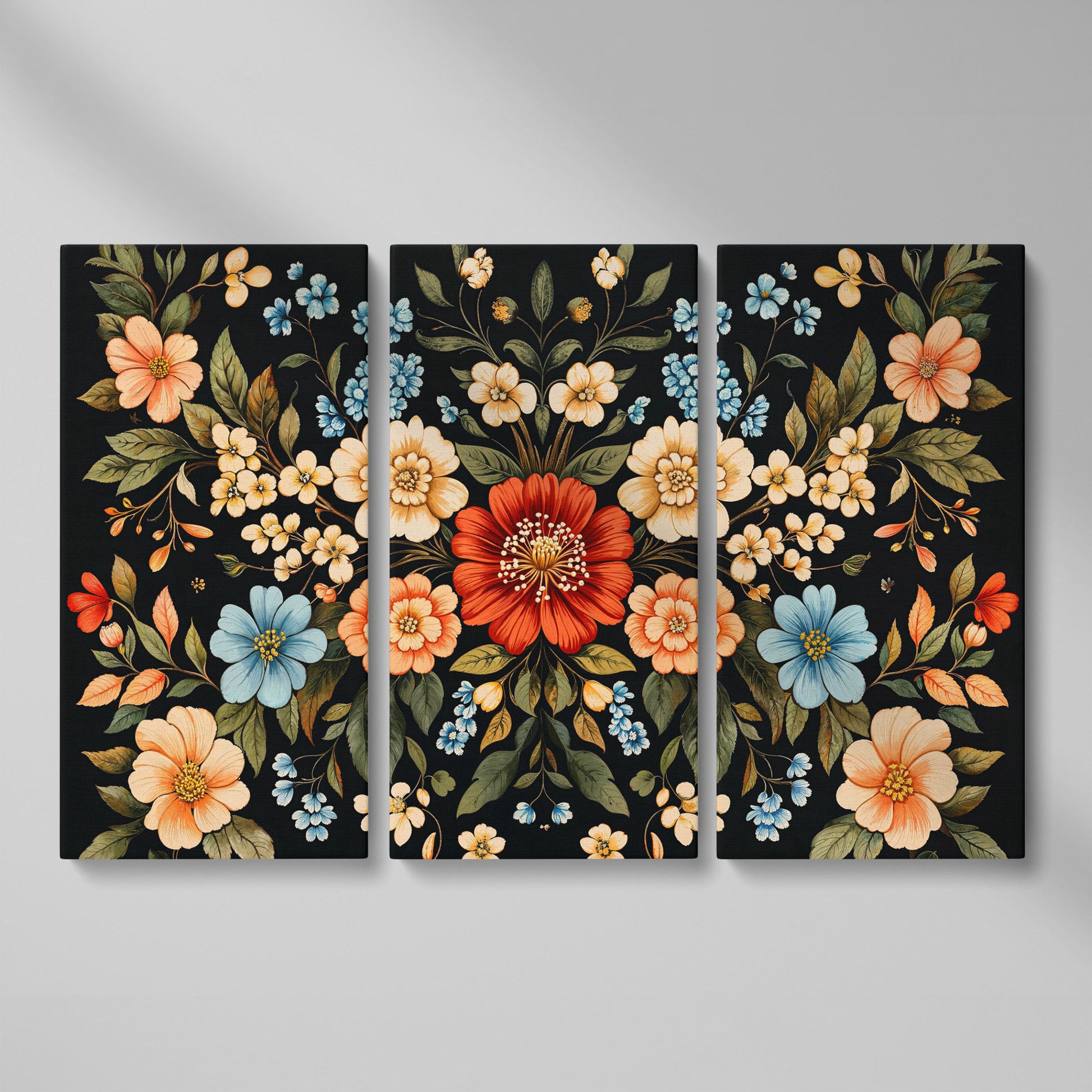 William Morris Floral Canvas with Black Ground as 3-panel split version