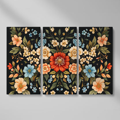William Morris Floral Canvas with Black Ground as 3-panel split version