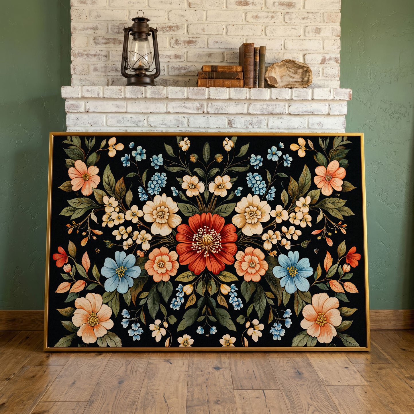 William Morris Floral Canvas with Black Ground in antique gold floating frame