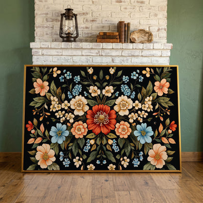 William Morris Floral Canvas with Black Ground in antique gold floating frame