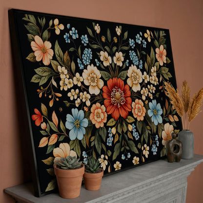 William Morris Floral Canvas with Black Ground in black floating frame