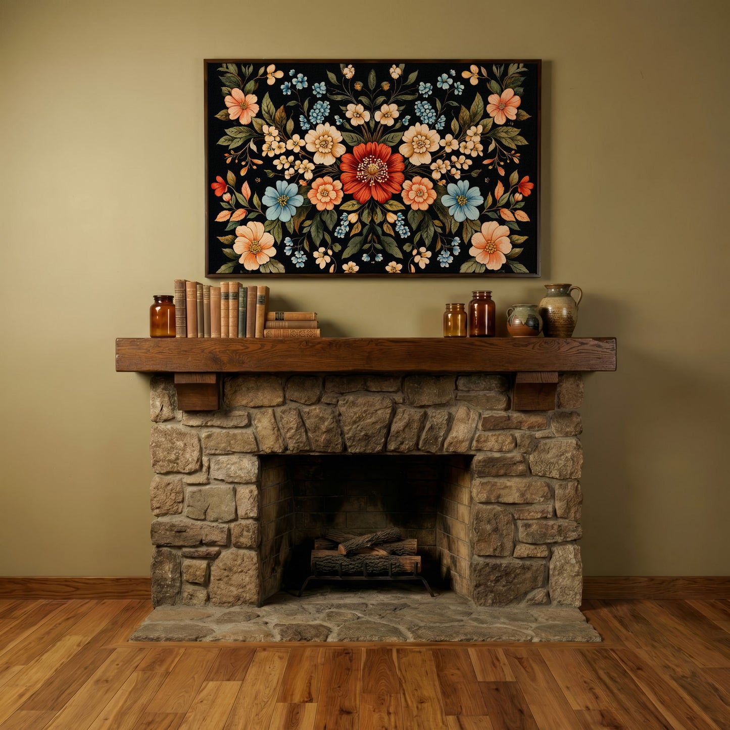 William Morris Floral Canvas with Black Ground in dark walnut floating frame