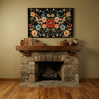 William Morris Floral Canvas with Black Ground in dark walnut floating frame