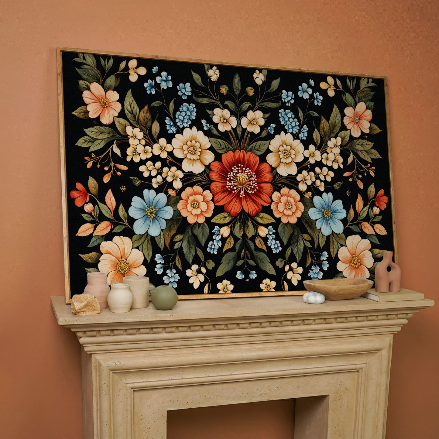 William Morris Floral Canvas with Black Ground in white oak floating frame
