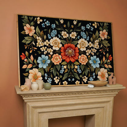 William Morris Floral Canvas with Black Ground in white oak floating frame
