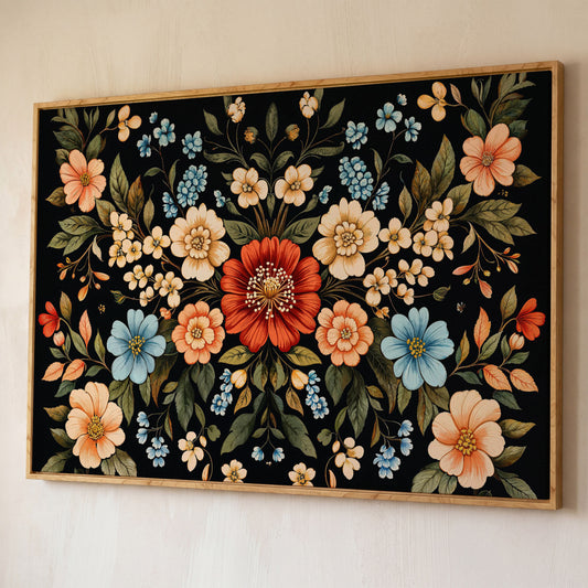 William Morris Floral Canvas with Black Ground shown in white oak floating frame