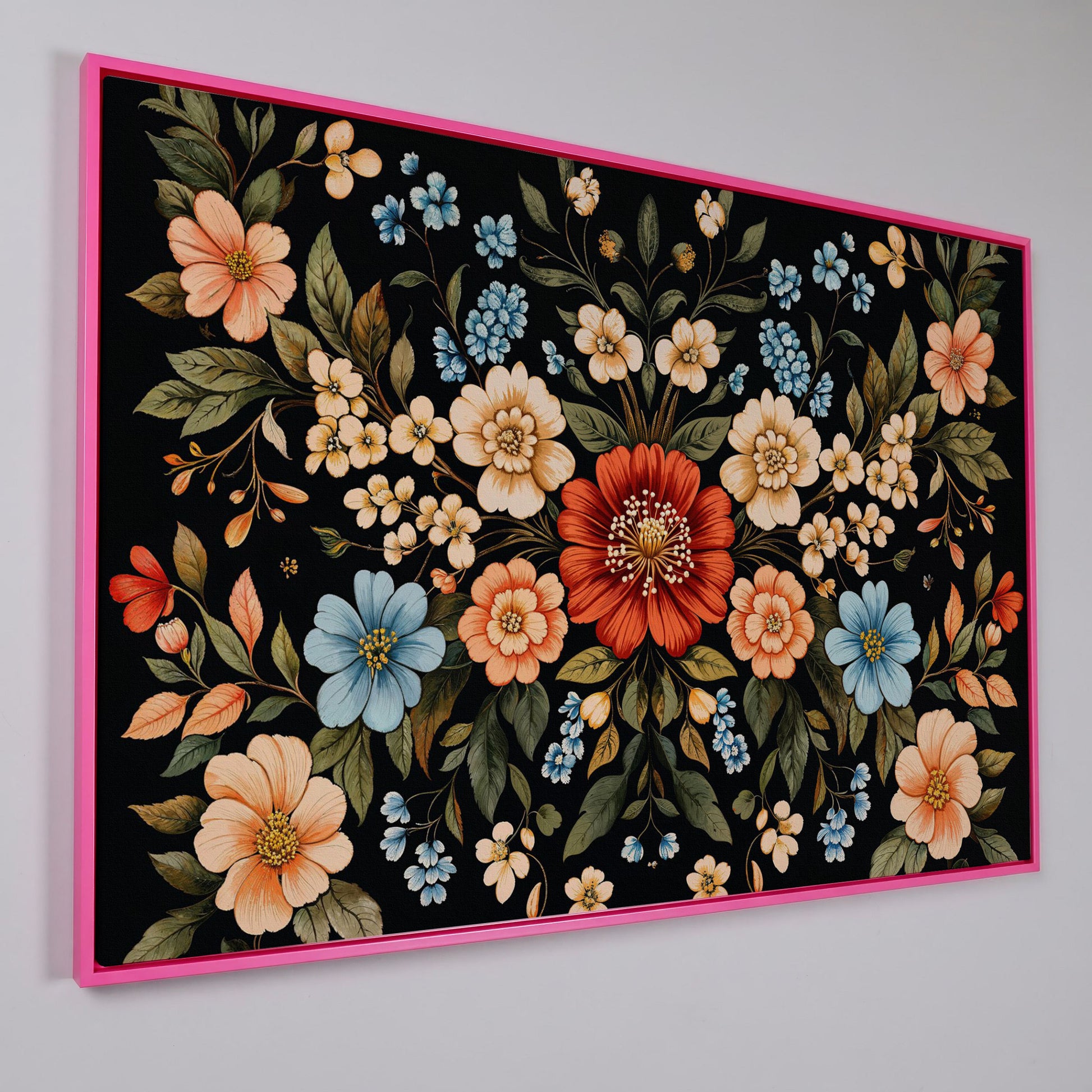 William Morris Floral Canvas with Black Ground in pink floating frame