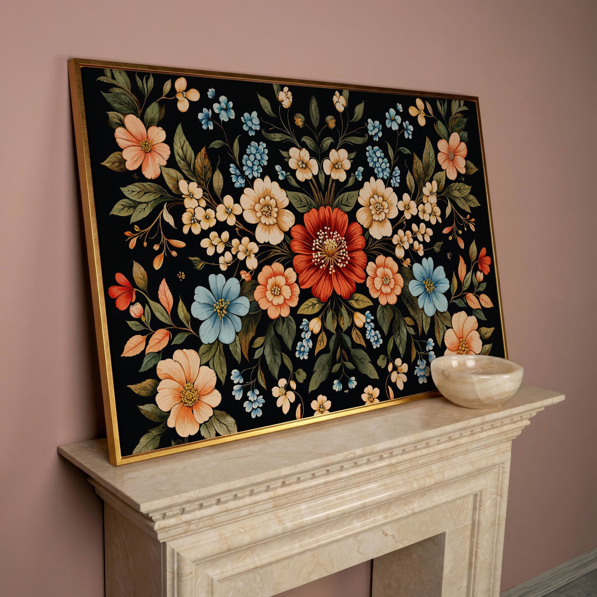 William Morris Floral Canvas with Black Ground in rose gold floating frame